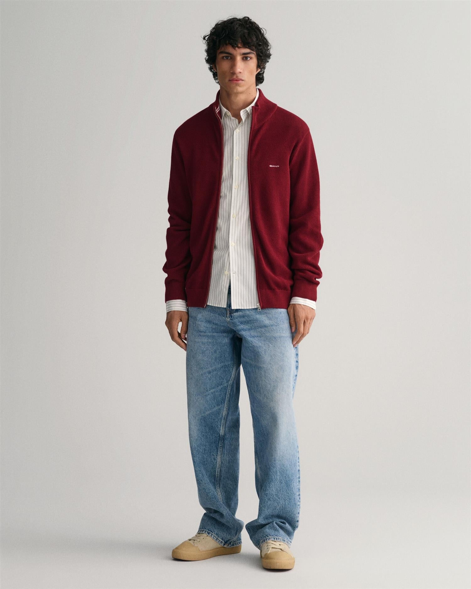 COTTON PIQUE ZIP CARDIGAN-Genser-Gant-Aandahls