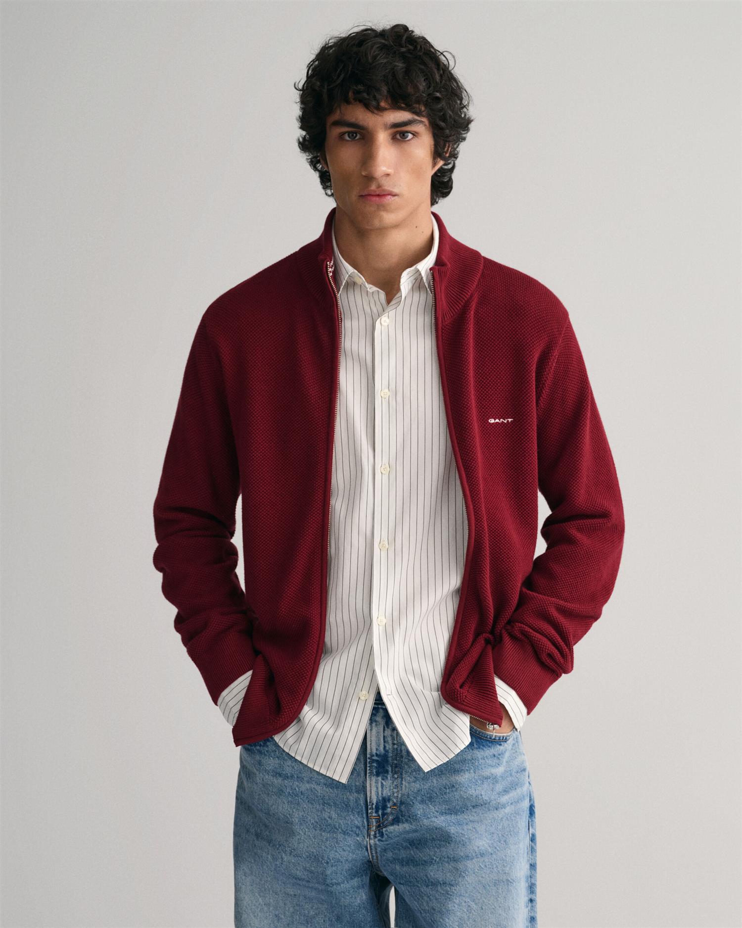 COTTON PIQUE ZIP CARDIGAN-Genser-Gant-Aandahls