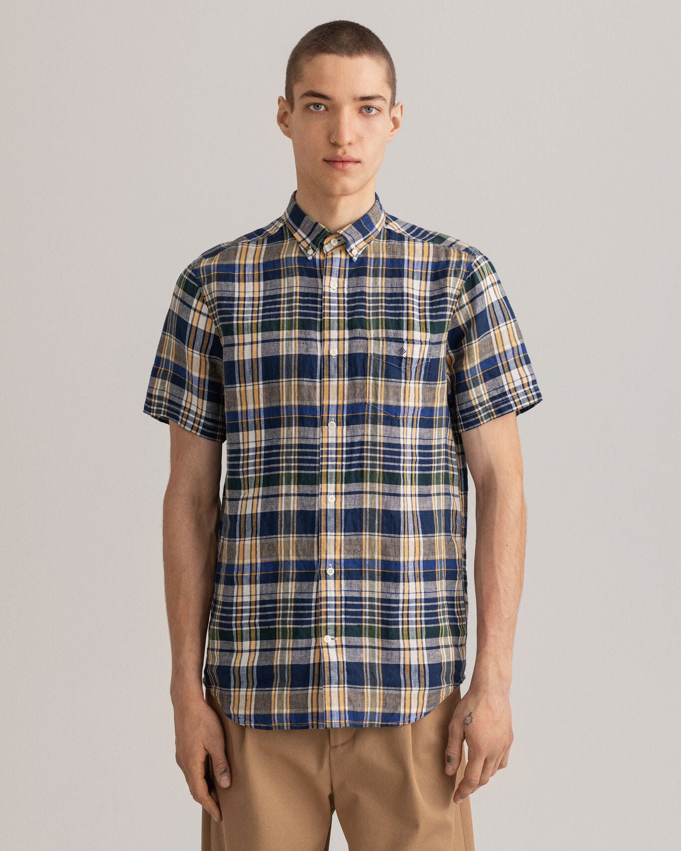 D2. REG LINEN MADRAS SS BD-Skjorter-Gant-Aandahls