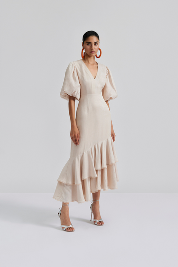 Dove asymmetrical midi dress Beige-Kjole-By Malina-Aandahls