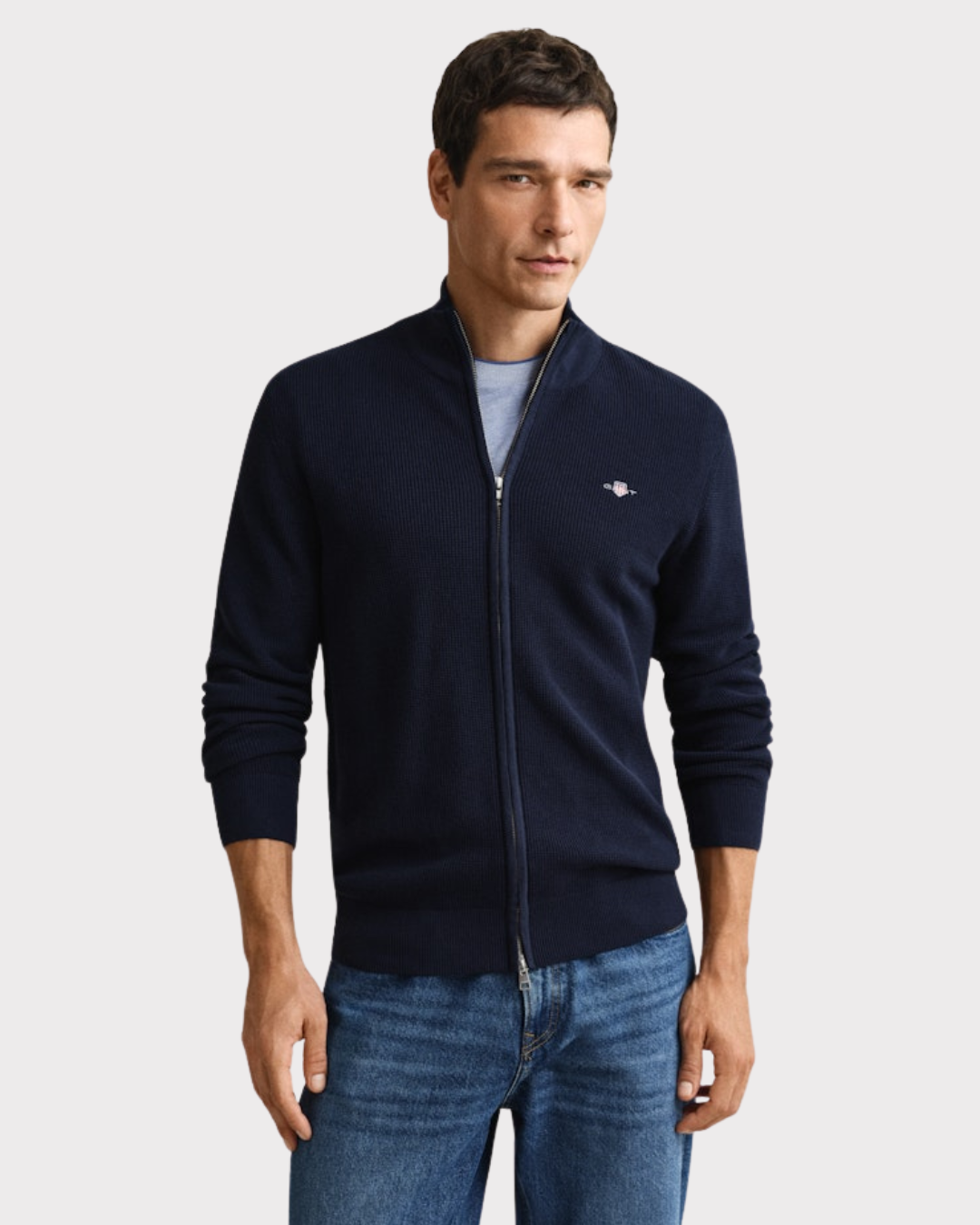 Micro Textured Cotton Zip Cardigan-Genser-Gant-Aandahls