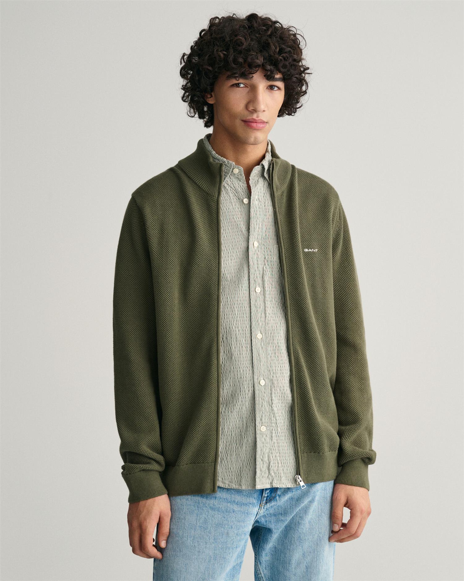 Cotton pique zip cardigan