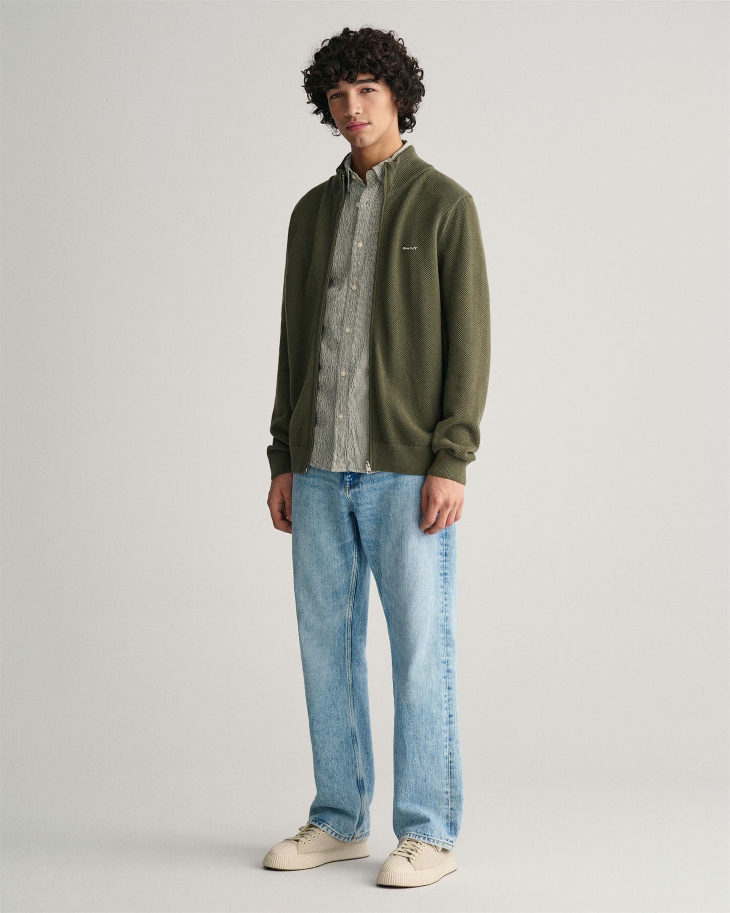 Cotton pique zip cardigan-Genser-Gant-Aandahls