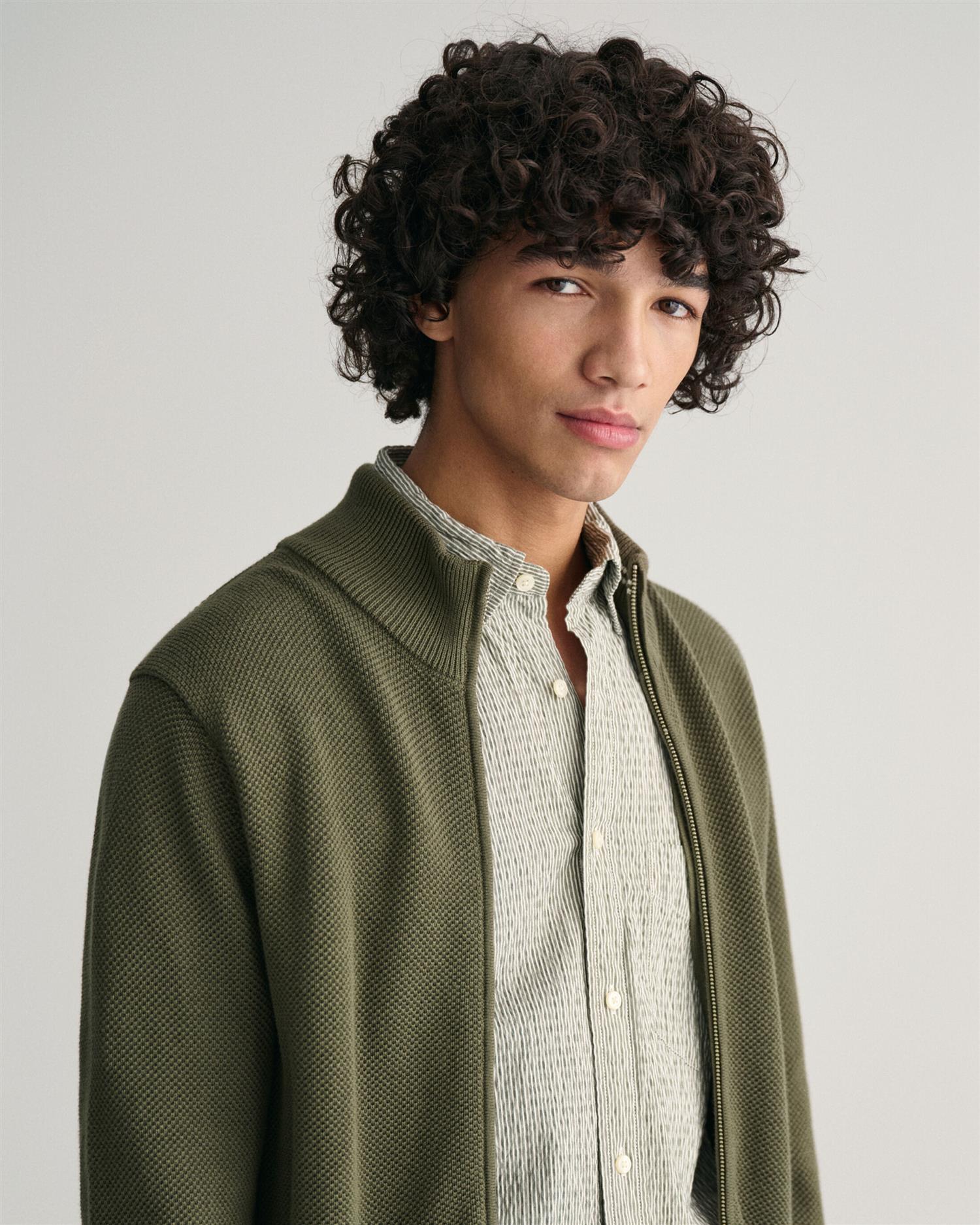 Cotton pique zip cardigan-Genser-Gant-Aandahls